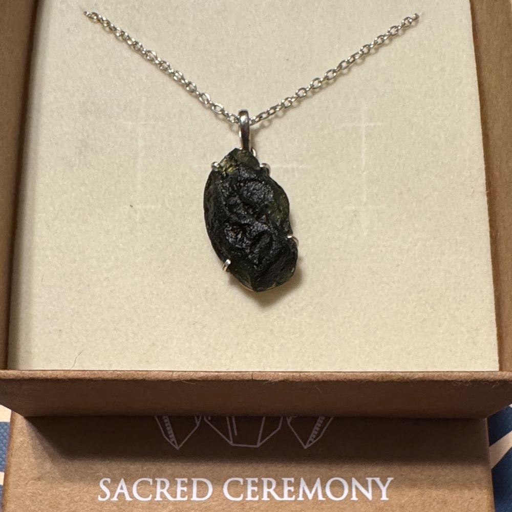 Moldavite Green & Silver Pendant Necklace